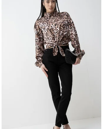 Camasa crop din satin, Negru/Maro