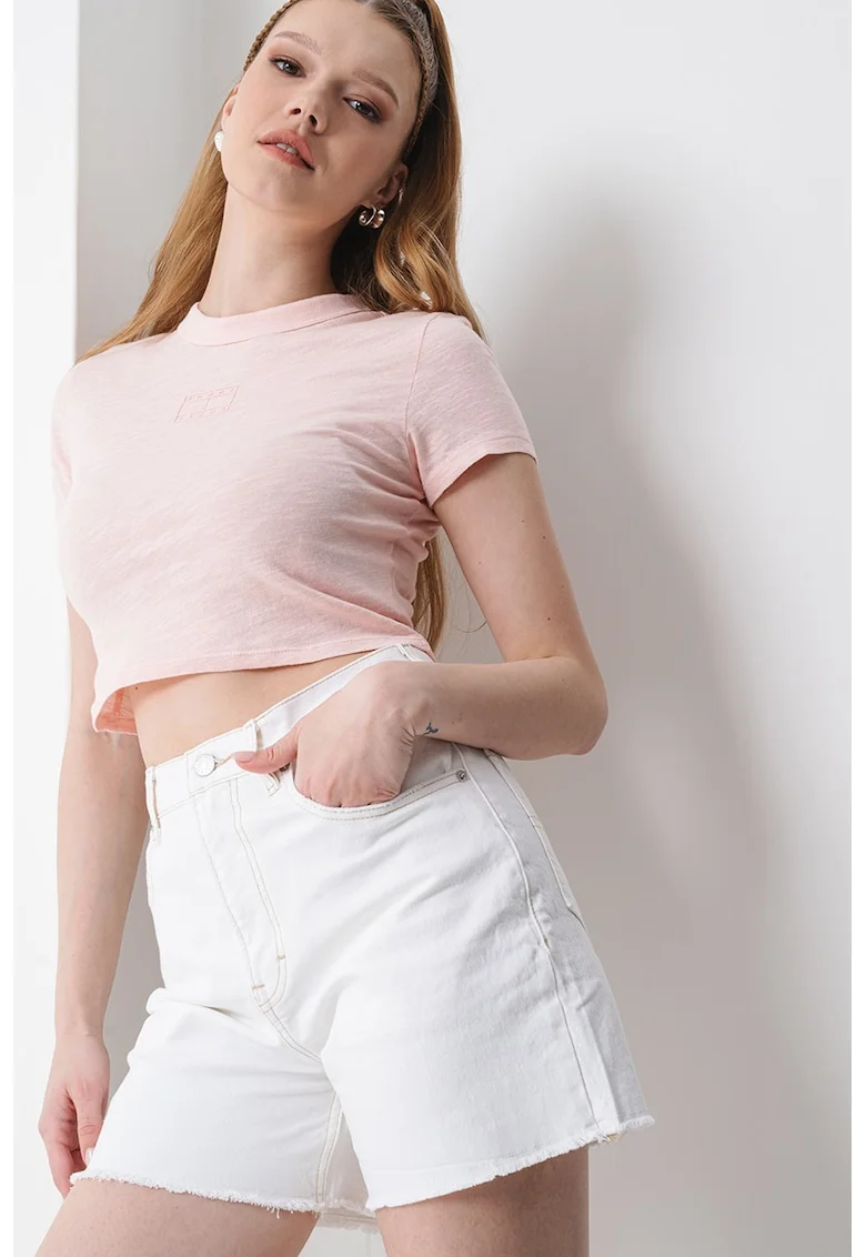 Tricou crop cu decolteu la baza gatului, Roz pastel