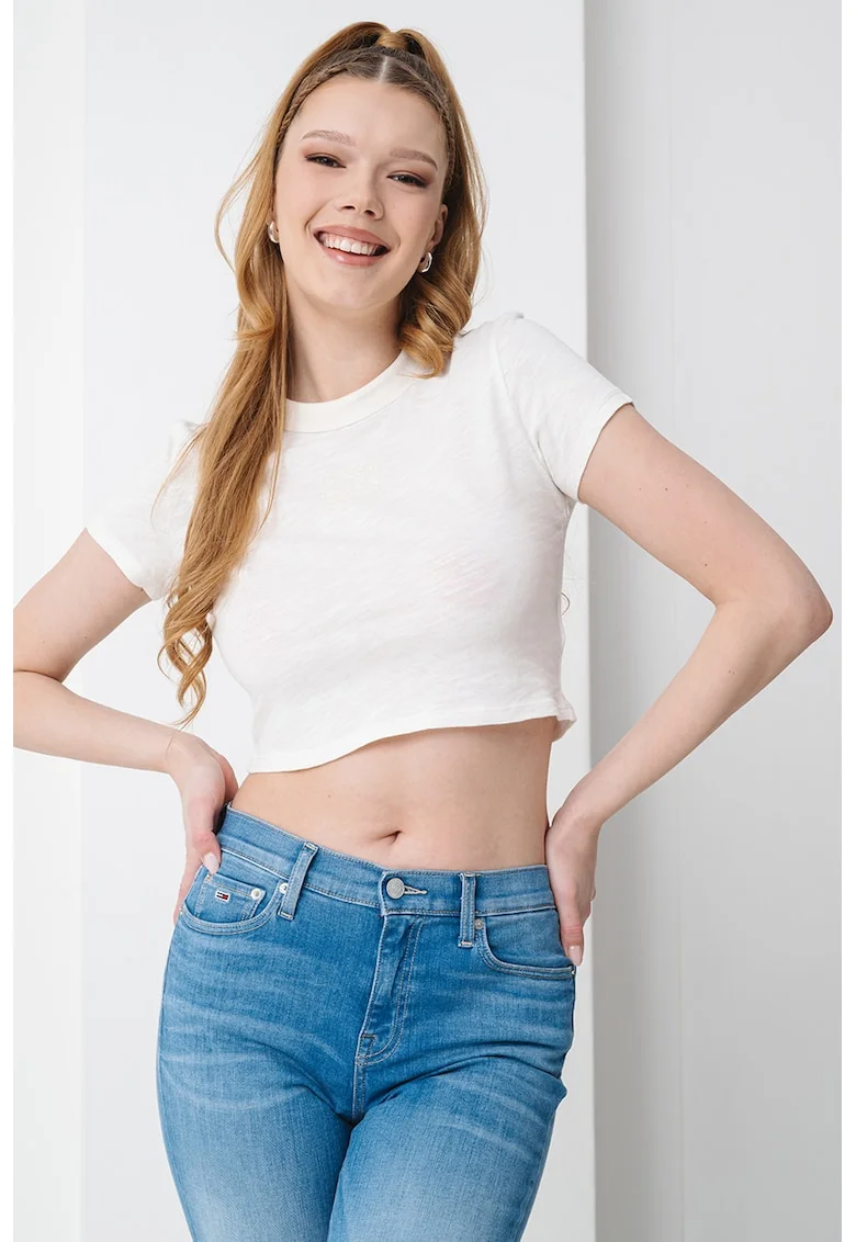 Tricou crop cu decolteu la baza gatului, Alb fildes