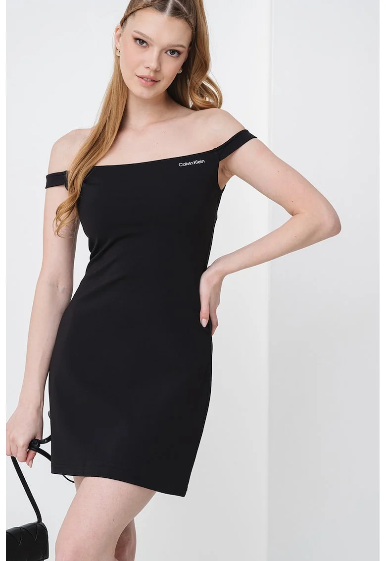Rochie mini cu decolteu pe umeri si logo discret, Negru