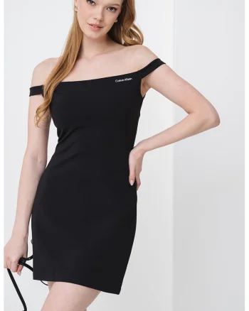 Rochie mini cu decolteu pe umeri si logo discret, Negru