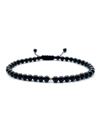 Bratara cu bila AUR 14K si pietre naturale semipretioase, snur reglabil, Negru lucios