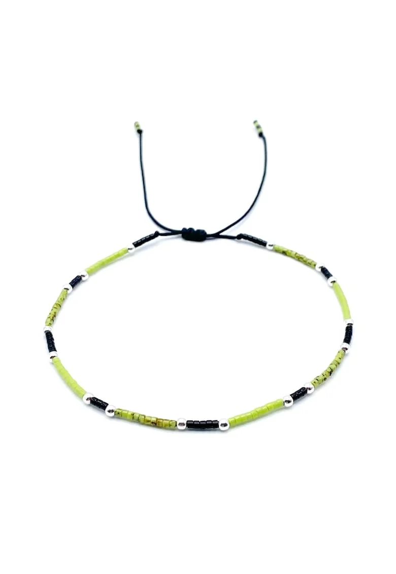 Bratara pentru Picior cu bilute din Argint 925 si margele Miyuki colorate, reglabila, Verde/Negru