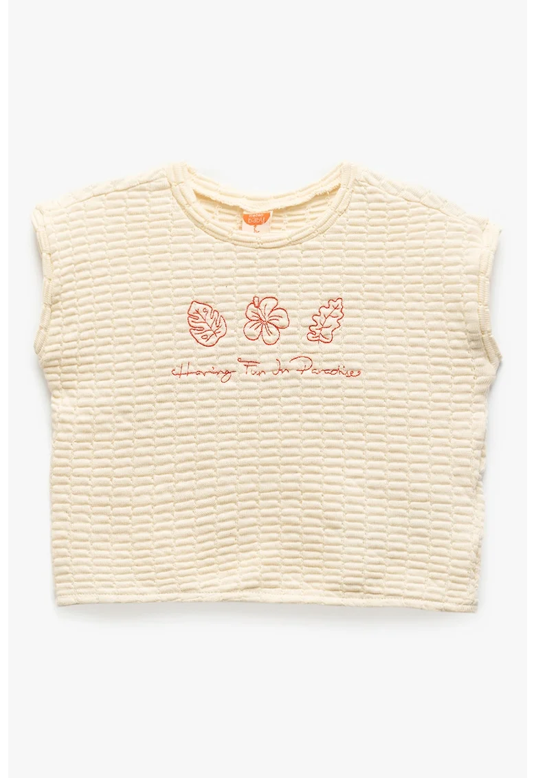Tricou texturat cu broderie, Coral/Galben pal
