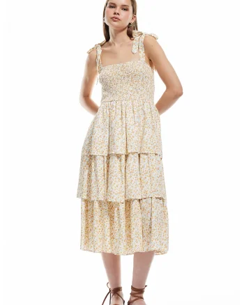 Rochie midi cu model stratificat, Alb/Portocaliu pal/Verde sparanghel