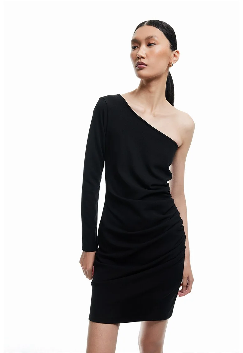 Rochie mini cu decolteu pe un umar, Negru