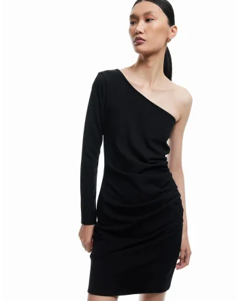 Rochie mini cu decolteu pe un umar, Negru
