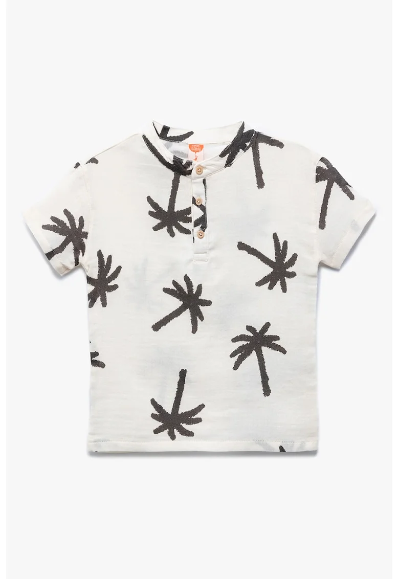 Tricou cu imprimeu si fenta cu nasturi, Maro inchis/Alb murdar