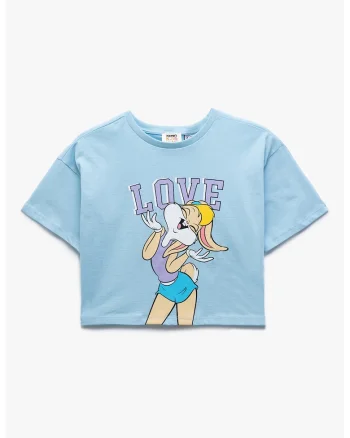 Tricou crop cu imprimeu Lola Bunny, Albastru pastel/Maro nisip/Lila