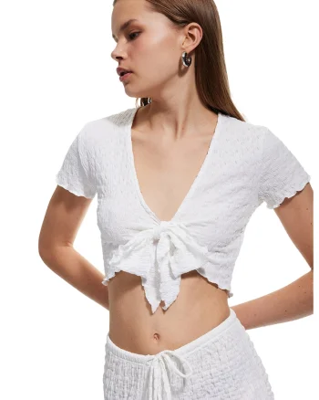 Bluza crop texturata, Alb