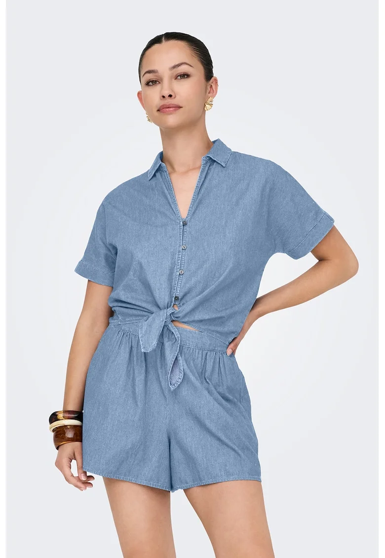 Camasa crop cu decolteu in V, Albastru deschis