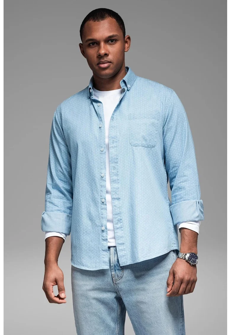 Camasa din material chambray cu imprimeu grafic, Alb/Albastru deschis