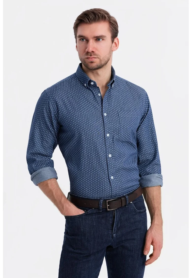 Camasa din material chambray cu imprimeu grafic, Albastru inchis/Alb murdar