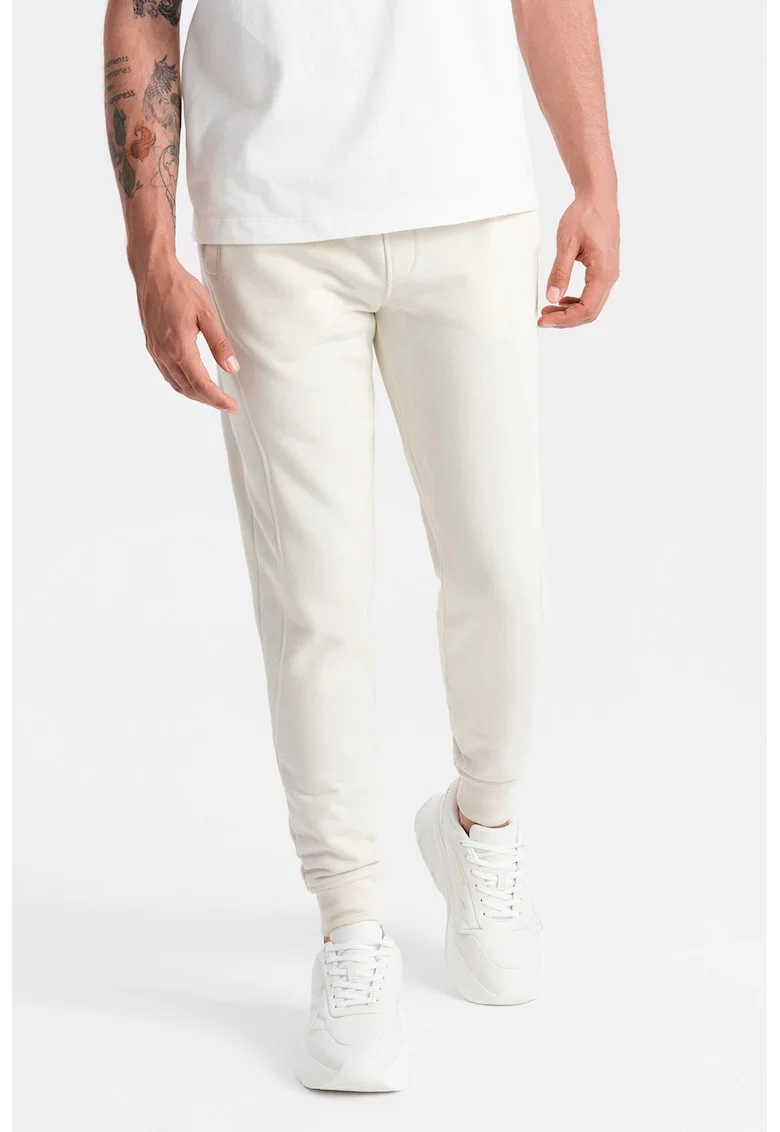 Pantaloni de trening din bumbac cu buzunare laterale, Crem