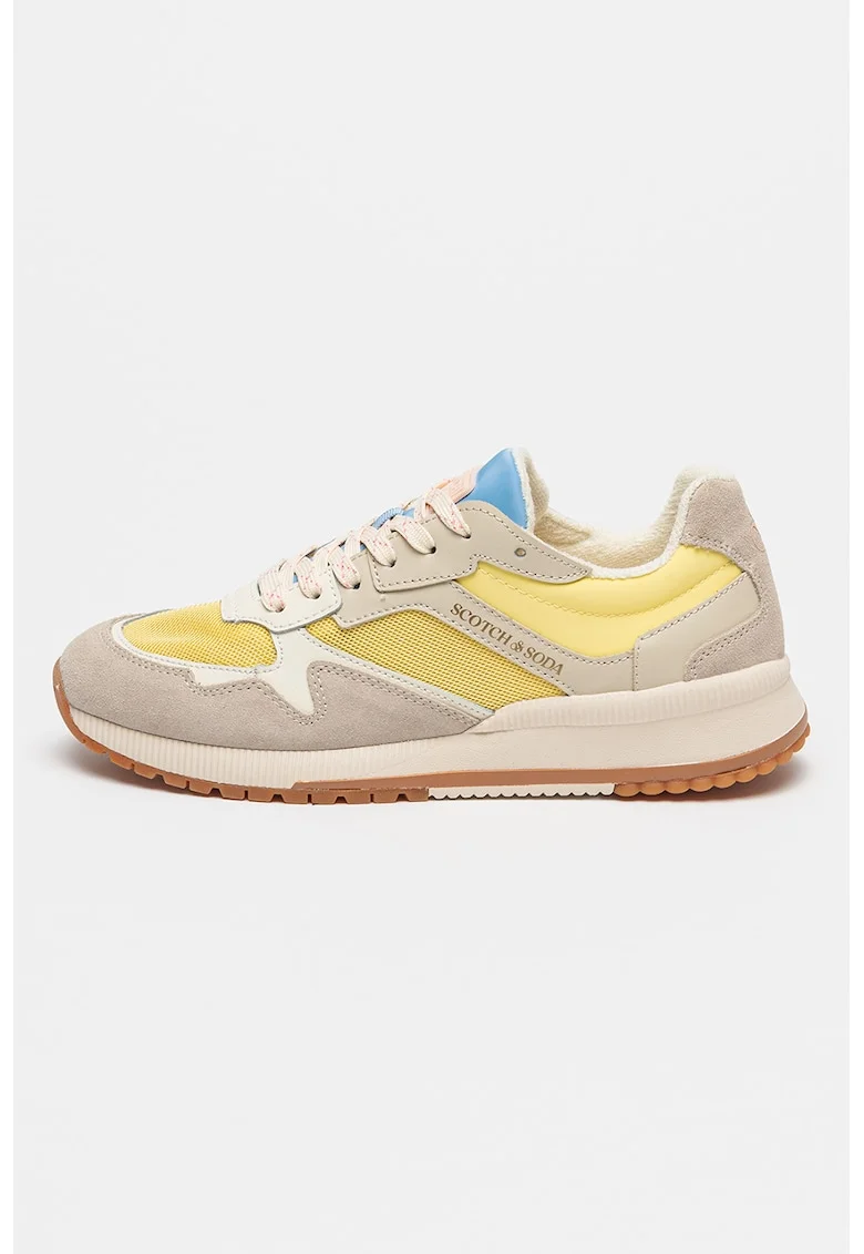 Pantofi sport colorblock de piele si piele intoarsa cu insertii de plasa, Albastru pastel/Gri deschis/Galben pal
