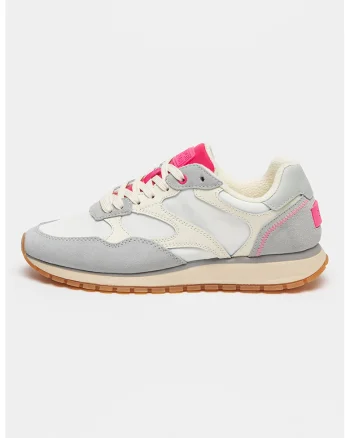 Pantofi sport de piele si piele intoarsa cu logo, Alb/Fucsia/Gri cenusiu