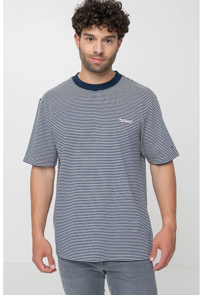 Tricou cu decolteu la baza gatului si dungi, Alb/Bleumarin
