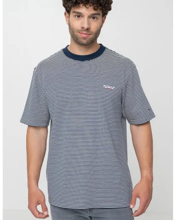 Tricou cu decolteu la baza gatului si dungi, Alb/Bleumarin