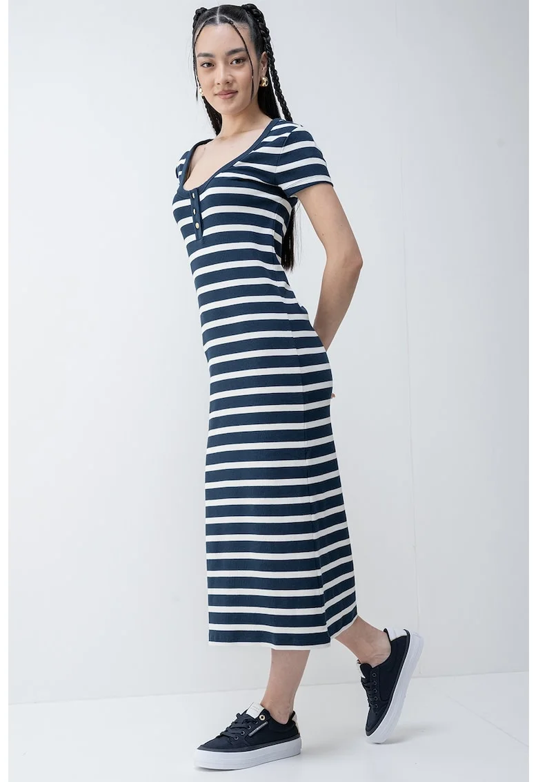 Rochie lunga cu dungi si decolteu rotund, Alb/Bleumarin