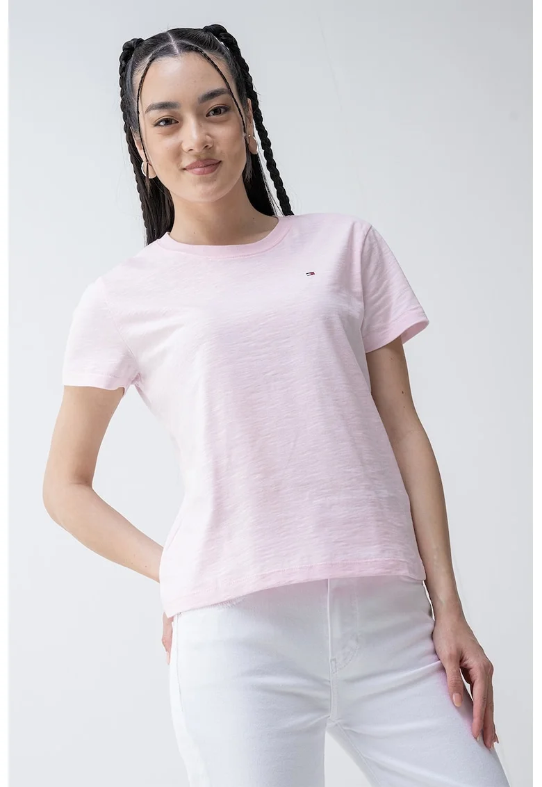 Tricou de bumbac organic cu decolteu la baza gatului, Roz pal