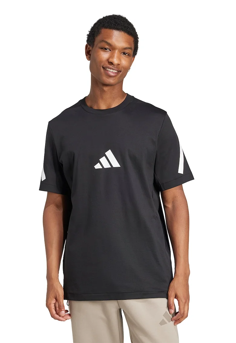 Tricou de bumbac cu model monograma Z.N.E, Negru stins/Alb optic