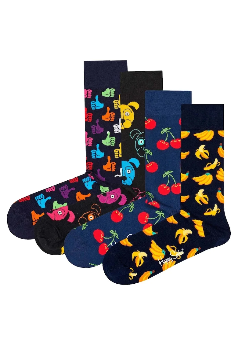 Set de sosete unisex cu model - 4 perechi, Rosu/Negru/Galben