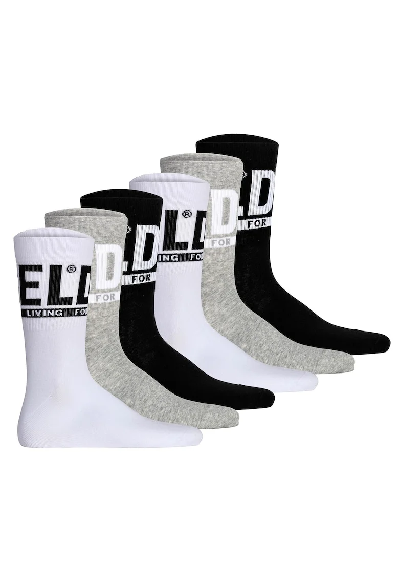Set de sosete lungi cu logo - 6 perechi, Alb/Negru/Gri