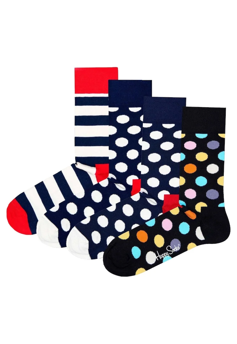Set de sosete unisex cu model - 4 perechi, Alb/Negru/Albastru