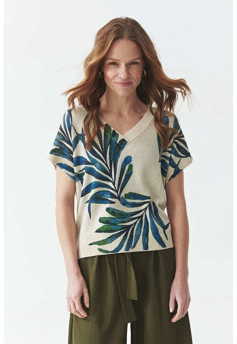 Tricou tricotat cu decolteu in V si model, Verde/Bej