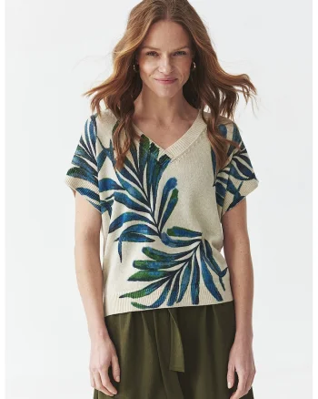Tricou tricotat cu decolteu in V si model, Verde/Bej