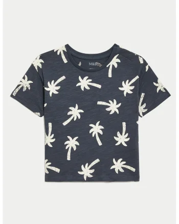 Tricou cu model tropical si decolteu la baza gatului, Alb murdar/Bleumarin