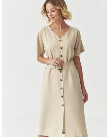 Rochie midi cu croiala dreapta si decolteu in V, Bej deschis