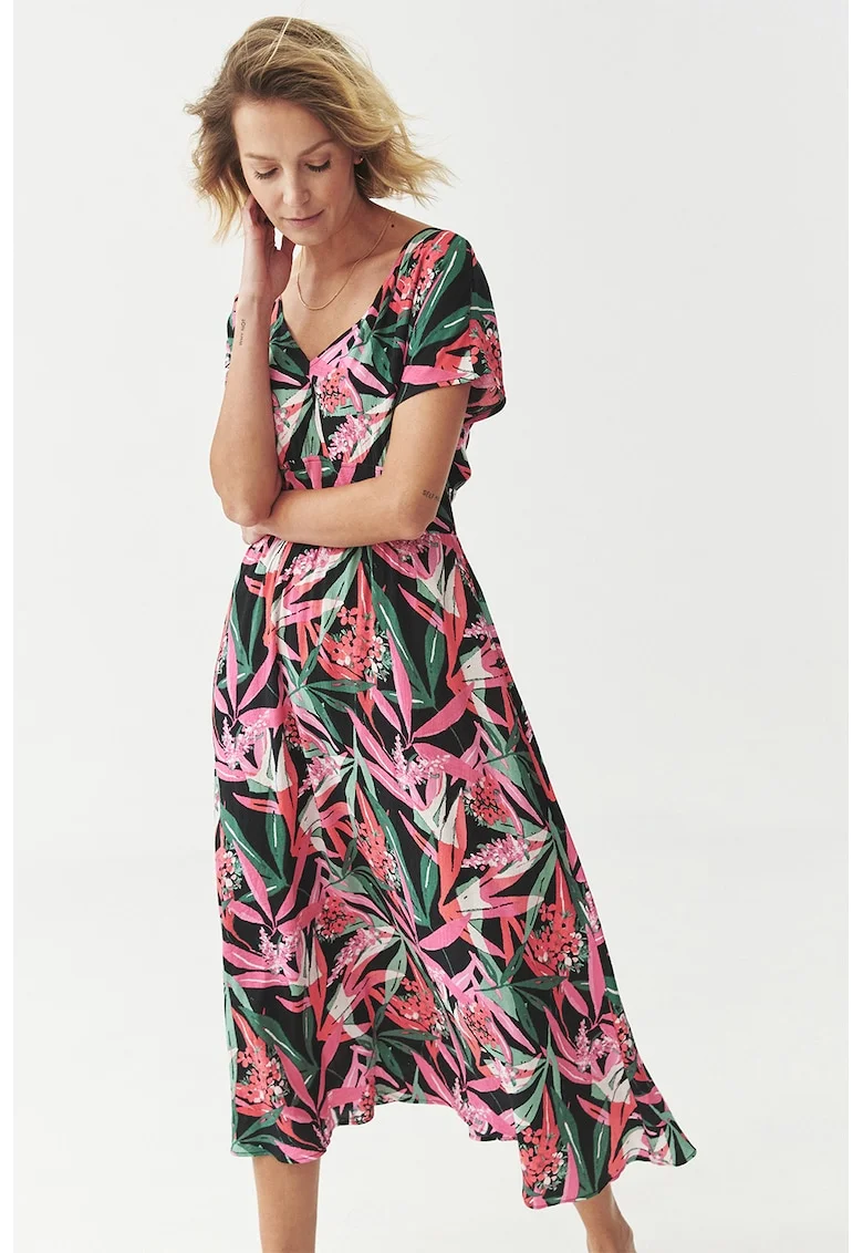 Rochie midi cu croiala evazata si decolteu in V, Negru/Roz