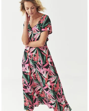 Rochie midi cu croiala evazata si decolteu in V, Negru/Roz