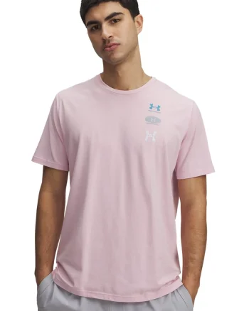 Tricou din amestec de bumbac cu decolteu la baza gatului si logo, Roz/Albastru