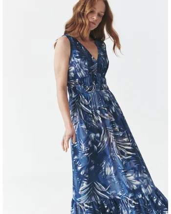 Rochie lunga cu decolteu in V, Alb/Bleumarin