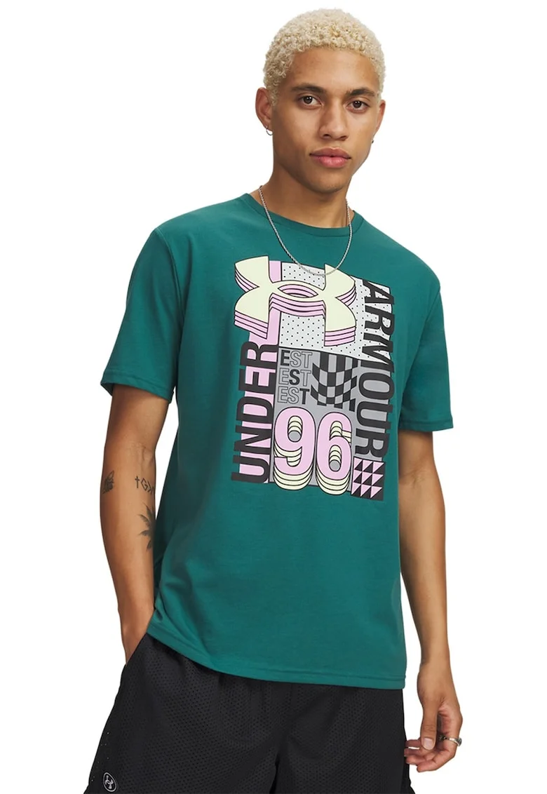 Tricou lejer cu logo Collage, Negru/Roz pastel/Verde feriga