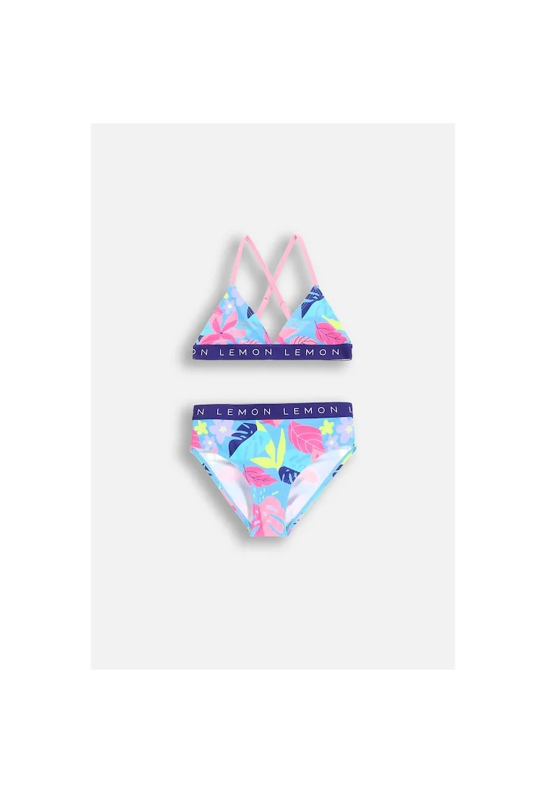 Costum de baie din doua piese cu bretele ajustabile si imprimeu tropical