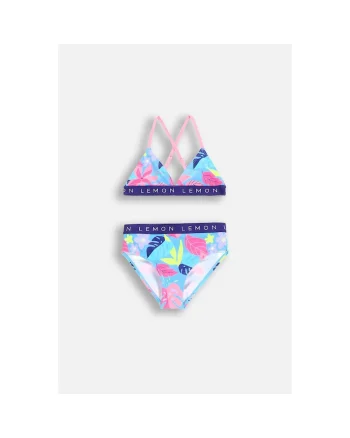 Costum de baie din doua piese cu bretele ajustabile si imprimeu tropical