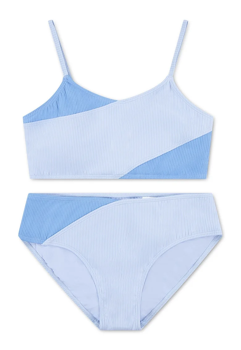 Costum de baie din doua piese cu striatii, Albastru azur/Albastru deschis