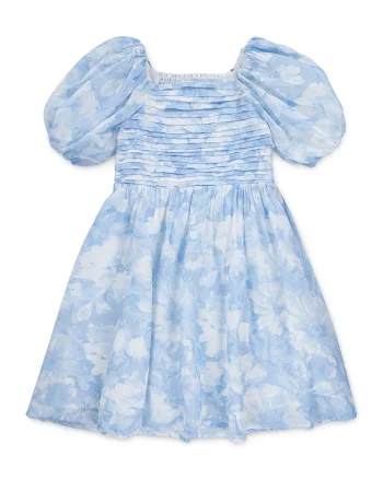 Rochie cu maneci bufante si imprimeu floral, Albastru pastel/Albastru pal