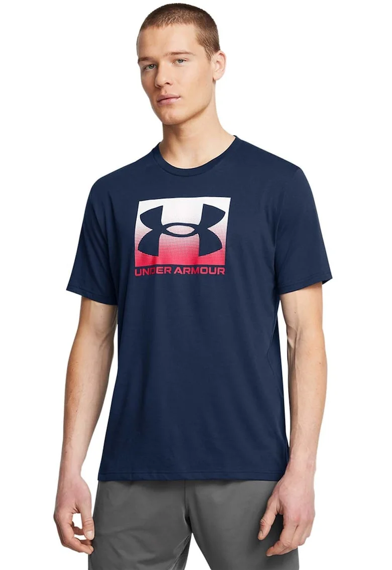 Tricou lejer cu logo Boxed, Alb/Bleumarin