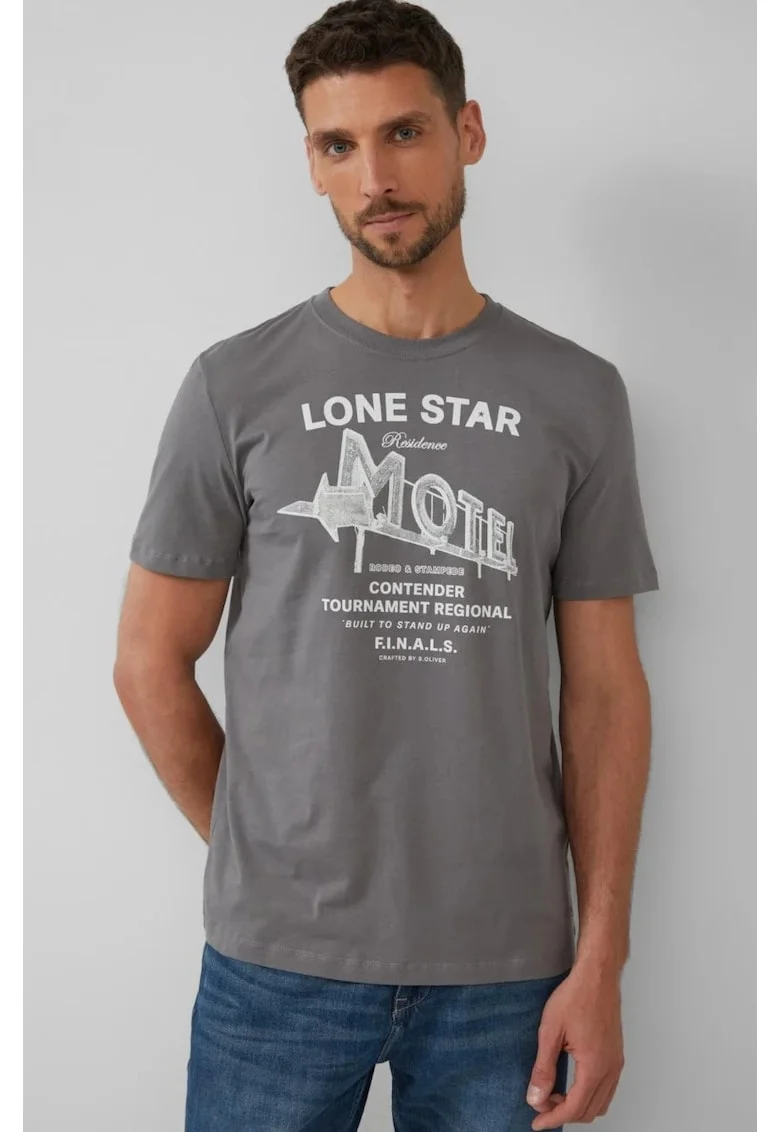 Tricou barbati cu decolteu la baza gatului, imprimeu text, Regular fit, Gri