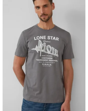 Tricou barbati cu decolteu la baza gatului, imprimeu text, Regular fit, Gri