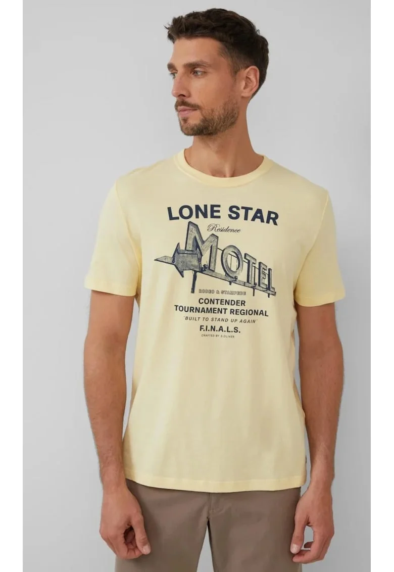 Tricou barbati cu decolteu la baza gatului, imprimeu text, Regular fit, Galben