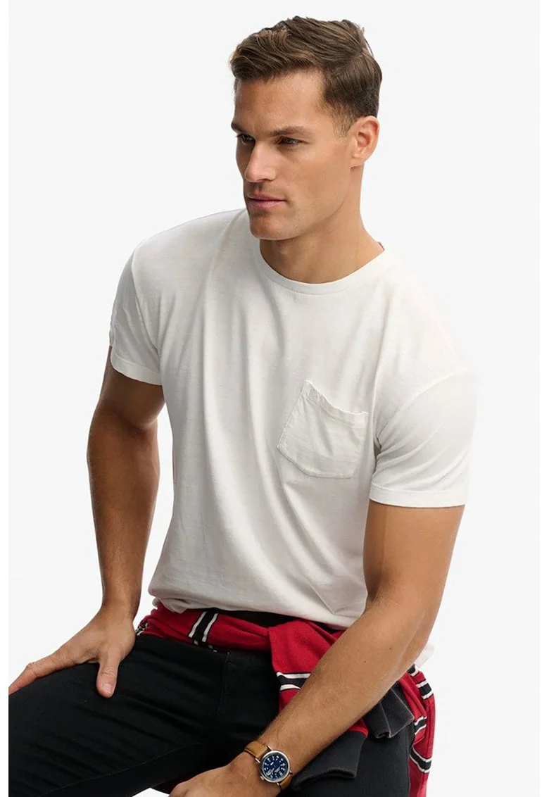 Tricou din bumbac si in cu model uni si buzunar aplicat, Alb