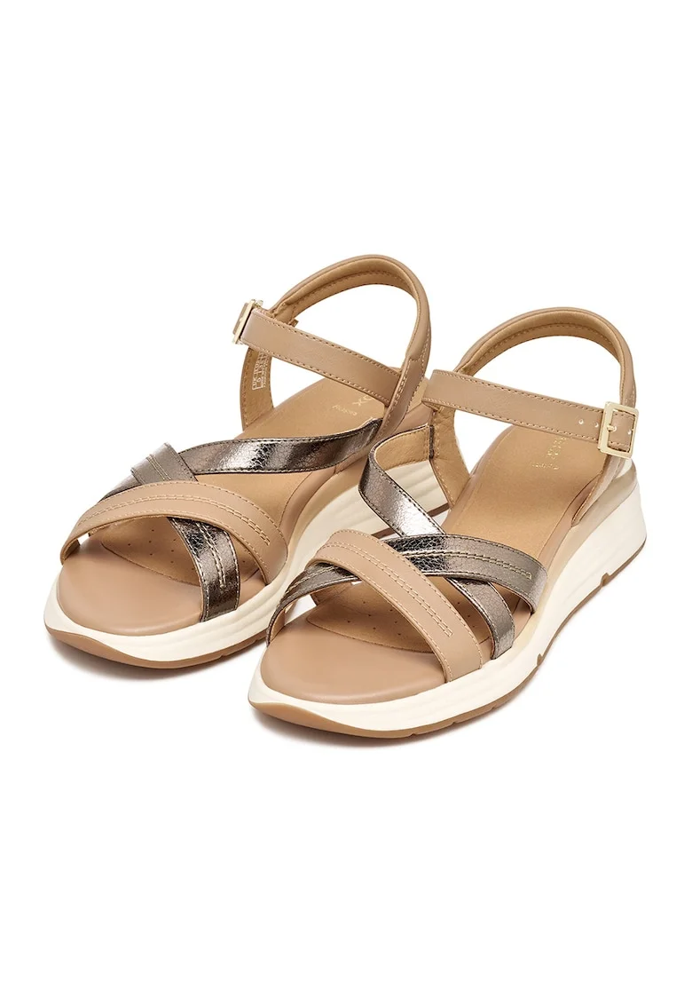 Sandale wedge din piele ecologica, Auriu/Maro camel
