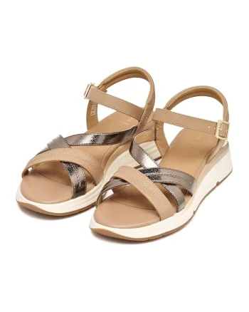 Sandale wedge din piele ecologica, Auriu/Maro camel