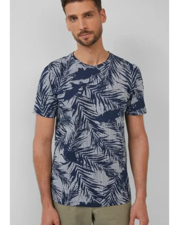 Tricou barbati cu imprimeu cu frunze de palmier, Regular Fit, Bleumarin,