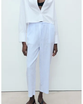 Pantaloni crop din amestec de in, Alb/Albastru lavanda